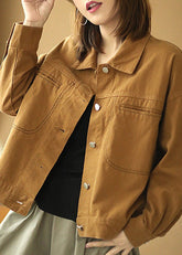 Lässiger gelber Baumwoll-Jeansmantel mit Peter-Pan-Kragen und Patchwork